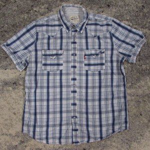 Levi's Shirt Men's Large Blue Plaid Pearl Snap Button Up Short Sleeve Western